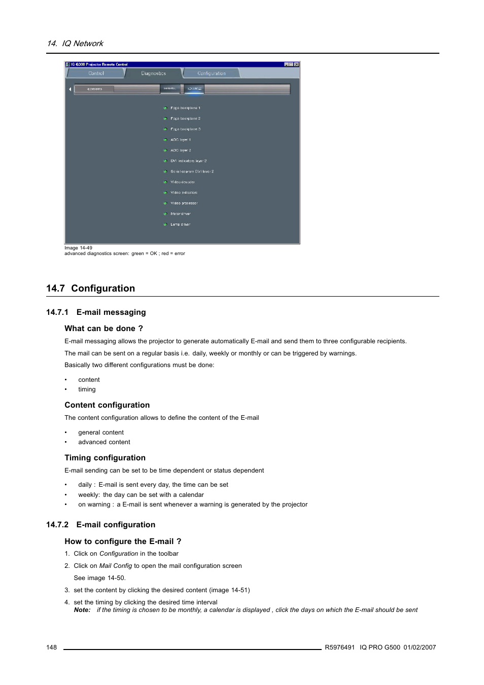 7 configuration, 1 e-mail messaging, 2 e-mail configuration | 148 14.7.2 e-mail configuration, Configuration | Barco iQ Pro G500 User Manual | Page 154 / 195