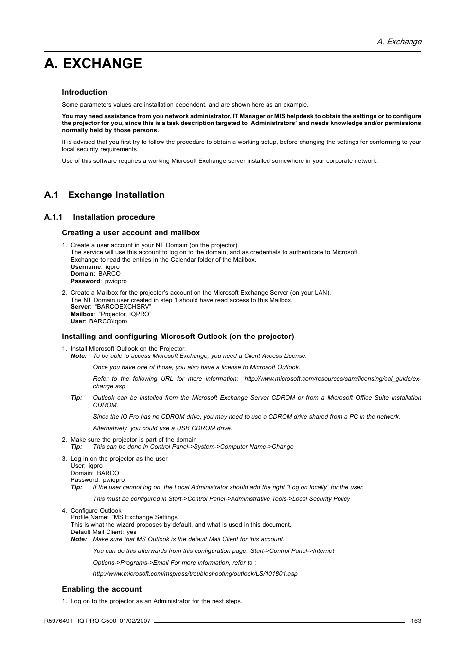 A. exchange, A.1 exchange installation, A.1.1 installation procedure | Exchange installation, A.1.1, Installation procedure | Barco iQ Pro G500 User Manual | Page 169 / 195