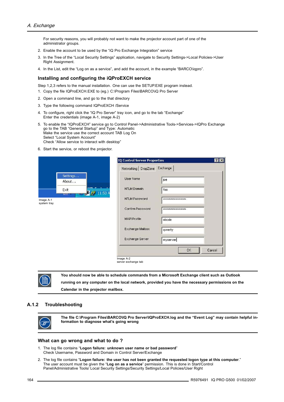 A.1.2 troubleshooting, A.1.2, Troubleshooting | A. exchange | Barco iQ Pro G500 User Manual | Page 170 / 195