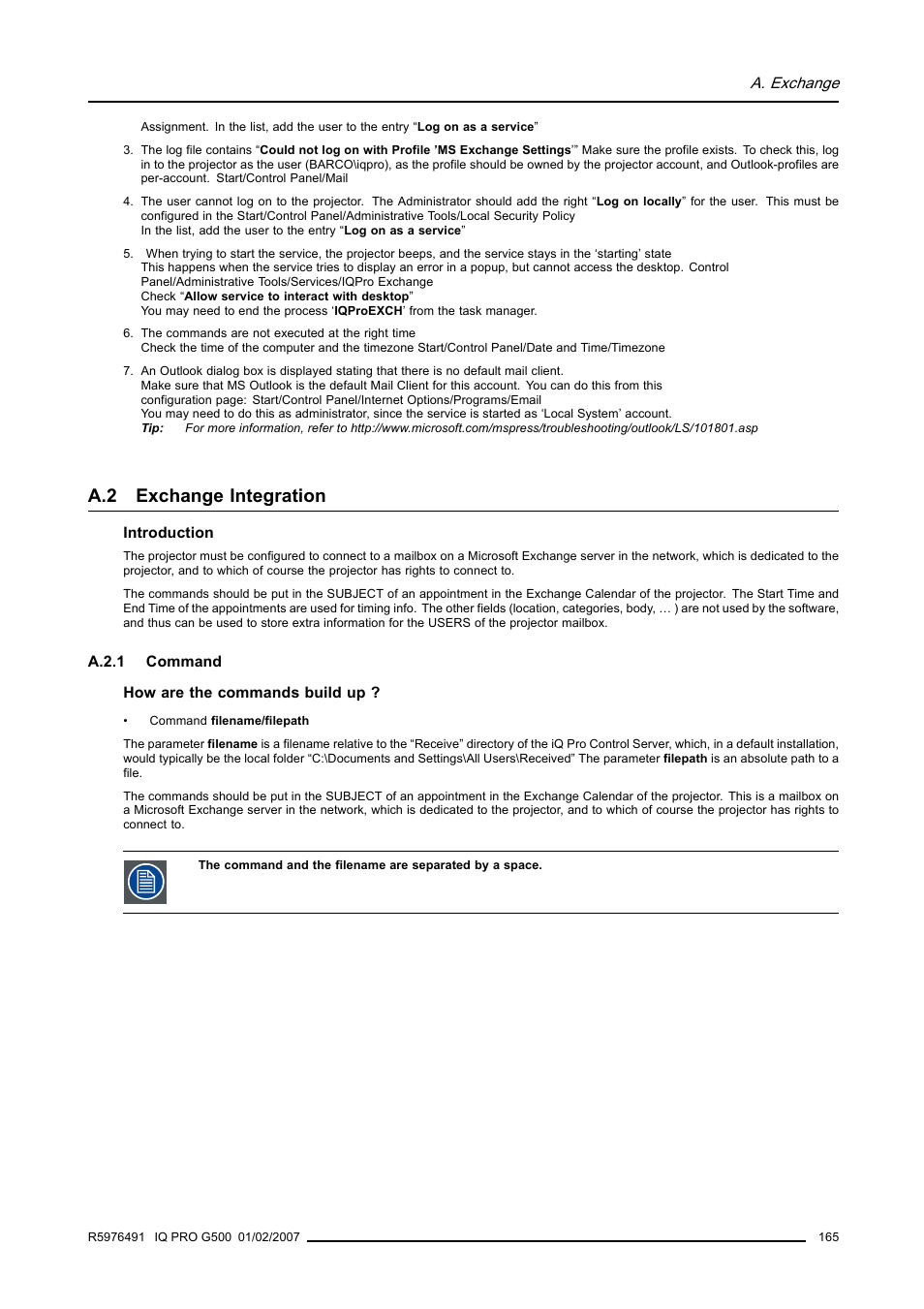 A.2 exchange integration, A.2.1 command, Exchange integration | A.2.1, Command | Barco iQ Pro G500 User Manual | Page 171 / 195