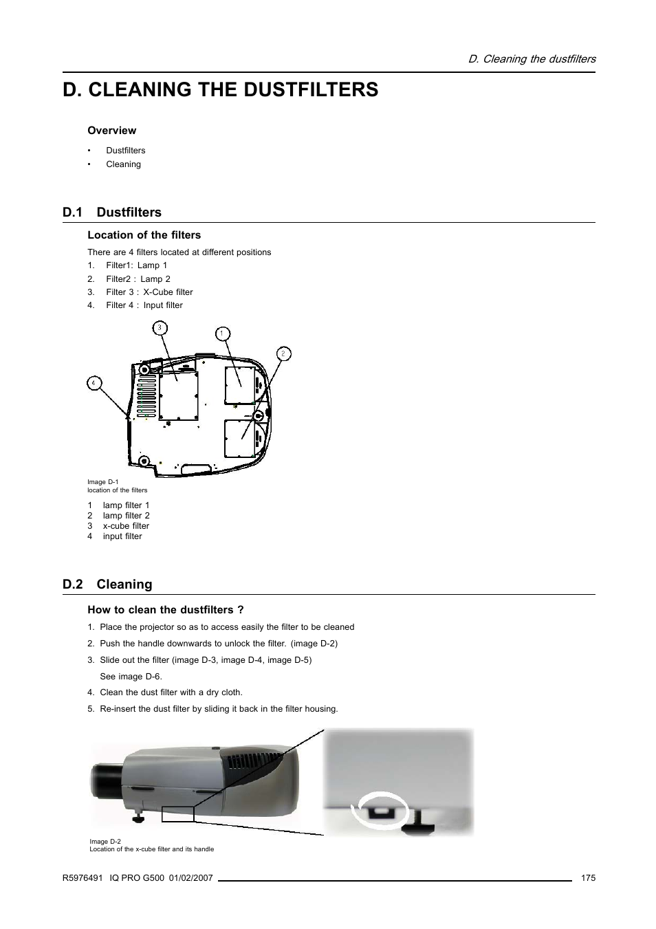 D. cleaning the dustfilters, D.1 dustfilters, D.2 cleaning | Dustfilters, Cleaning | Barco iQ Pro G500 User Manual | Page 181 / 195