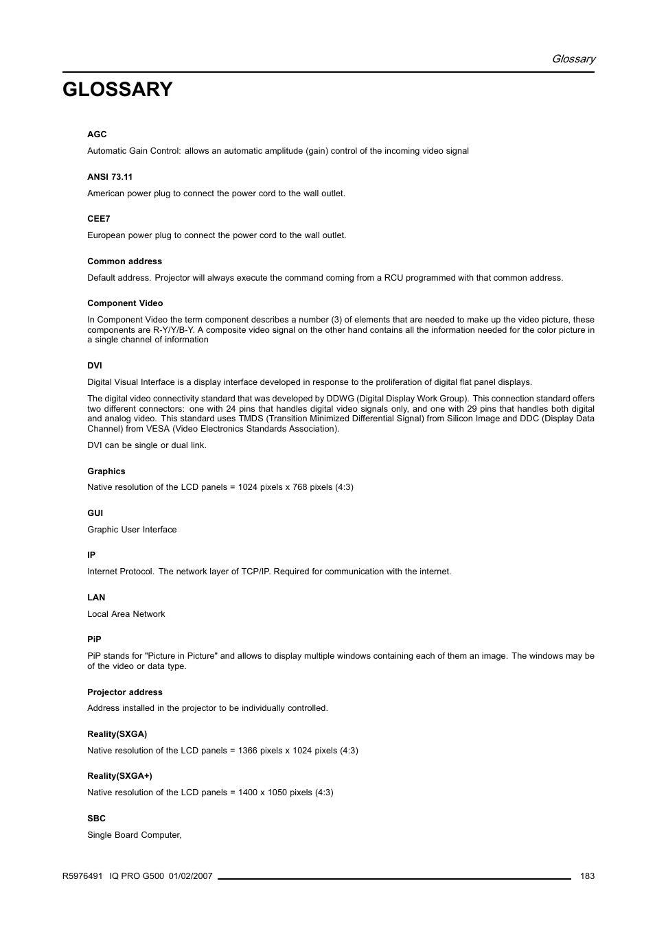 Glossary | Barco iQ Pro G500 User Manual | Page 189 / 195