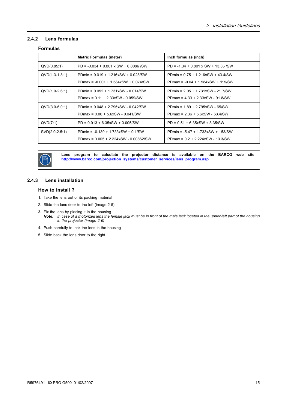 2 lens formulas, 3 lens installation, Lens formulas | Lens installation, Installation guidelines | Barco iQ Pro G500 User Manual | Page 21 / 195