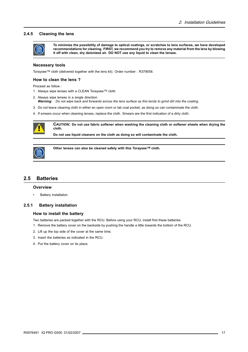 5 cleaning the lens, 5 batteries, 1 battery installation | Cleaning the lens, Batteries, Battery installation | Barco iQ Pro G500 User Manual | Page 23 / 195