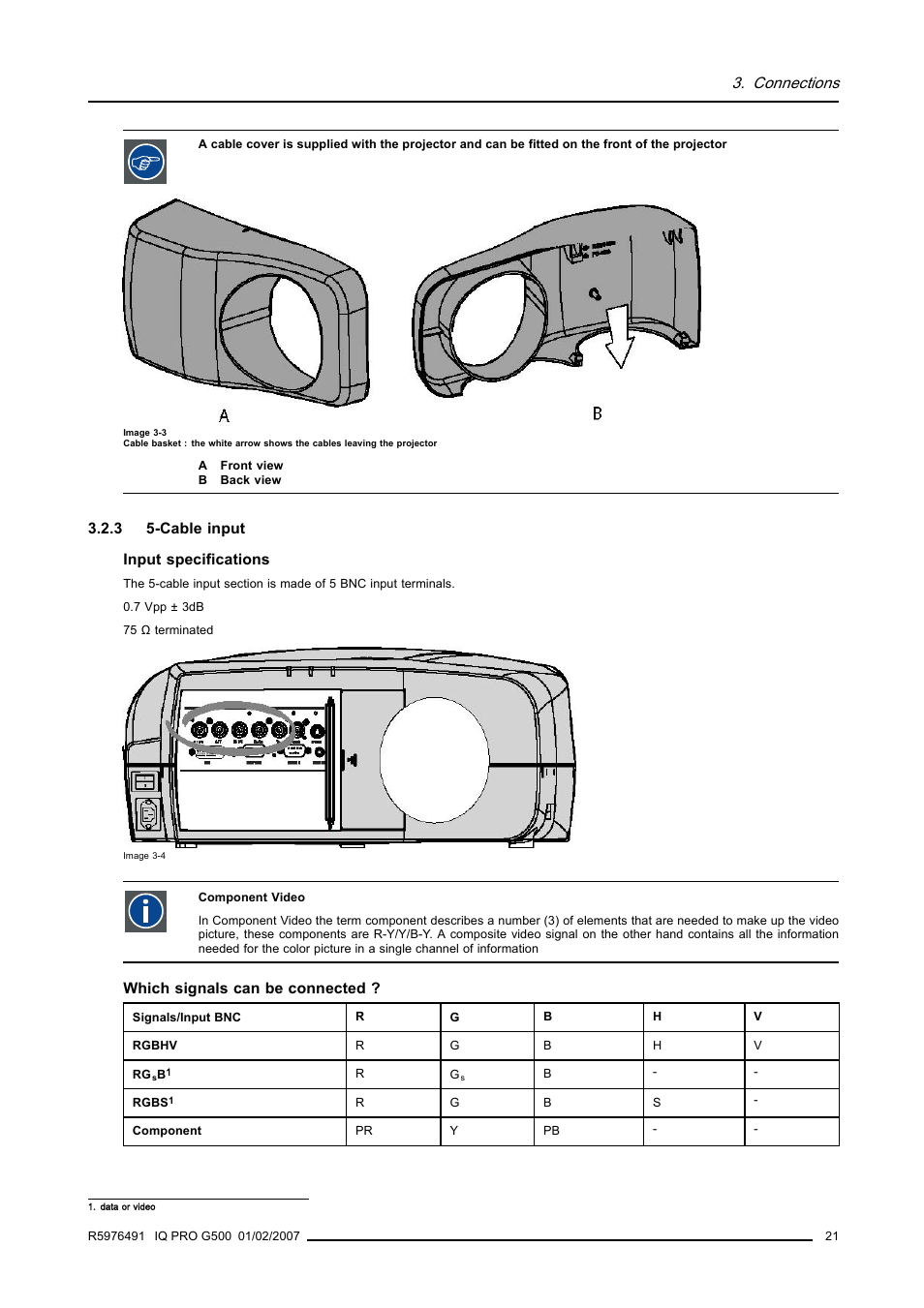 3 5-cable input, Cable input, Connections | Barco iQ Pro G500 User Manual | Page 27 / 195