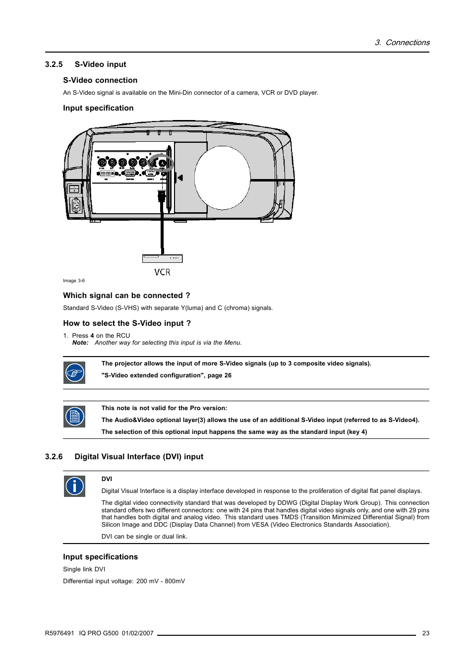 5 s-video input, 6 digital visual interface (dvi) input, S-video input | Digital visual interface (dvi) input | Barco iQ Pro G500 User Manual | Page 29 / 195