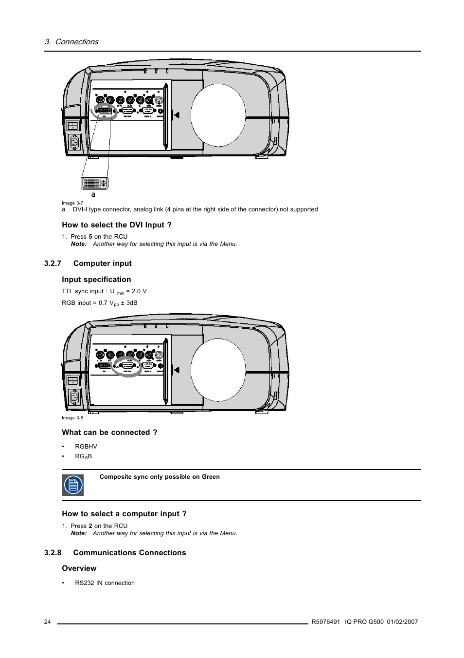 7 computer input, 8 communications connections, Computer input | Communications connections, Connections | Barco iQ Pro G500 User Manual | Page 30 / 195