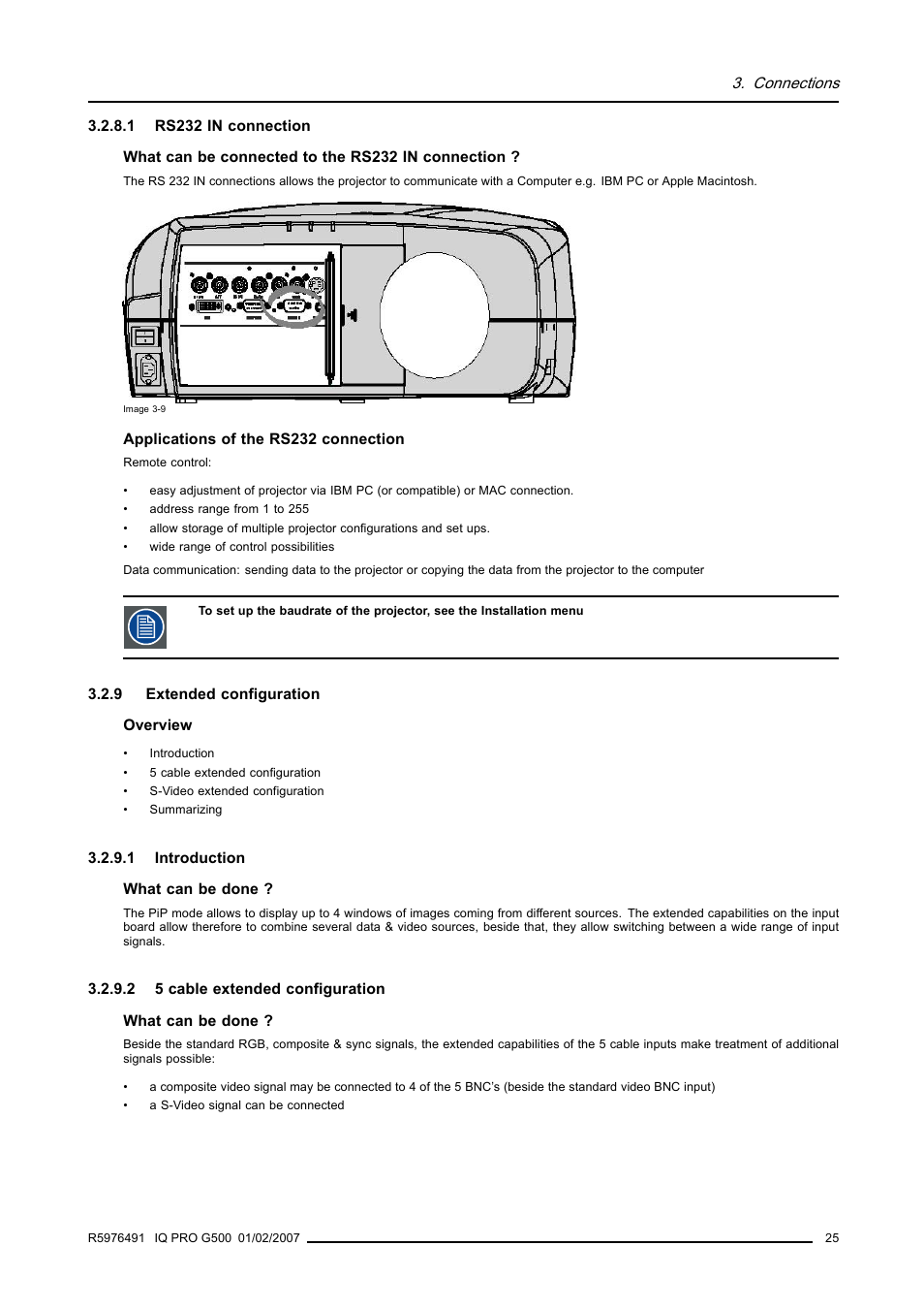 1 rs232 in connection, 9 extended configuration, 1 introduction | 2 5 cable extended configuration, Rs232 in connection, Extended configuration, Introduction, 5 cable extended configuration | Barco iQ Pro G500 User Manual | Page 31 / 195