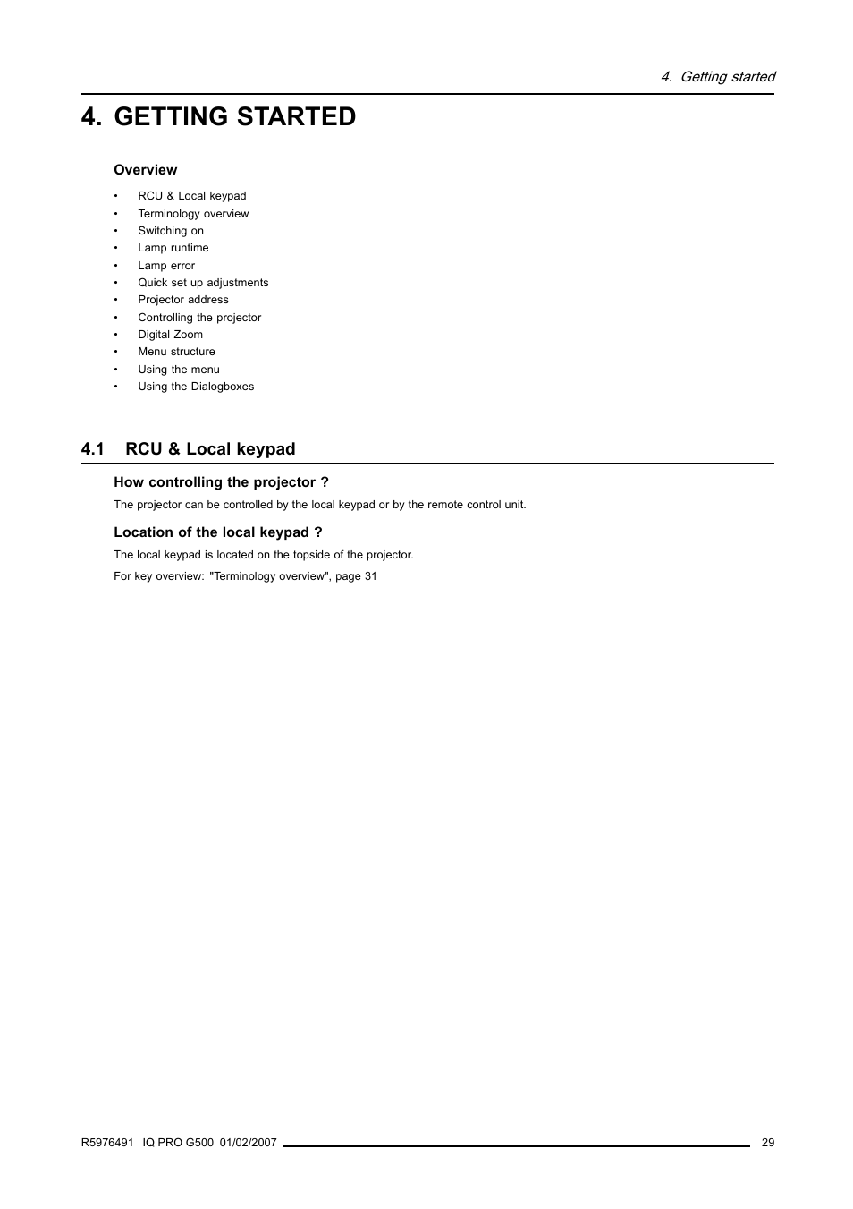 Getting started, 1 rcu & local keypad, Rcu & local keypad | Barco iQ Pro G500 User Manual | Page 35 / 195