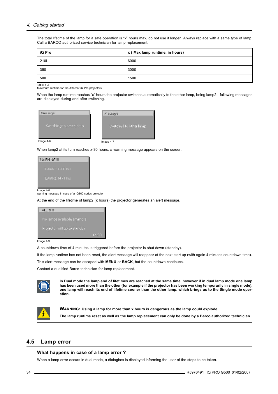 5 lamp error, Lamp error, Getting started | Barco iQ Pro G500 User Manual | Page 40 / 195