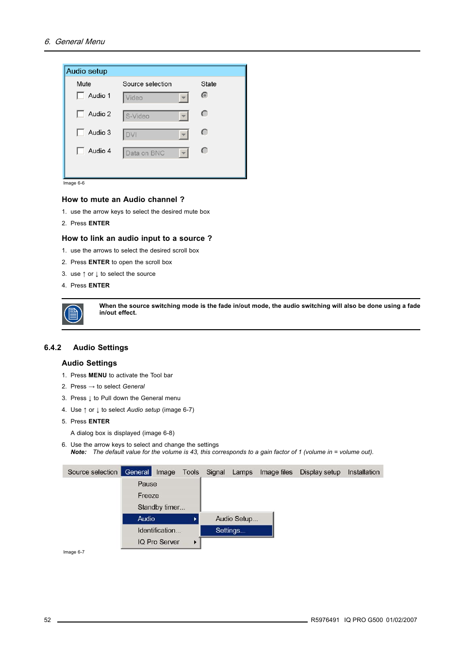 2 audio settings, Audio settings, Image 6-6) | General menu | Barco iQ Pro G500 User Manual | Page 58 / 195