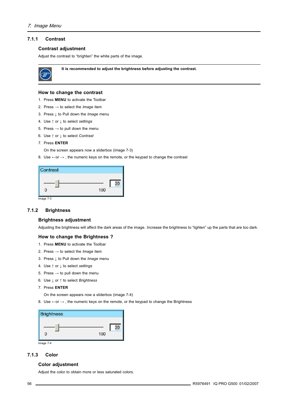 1 contrast, 2 brightness, 3 color | Contrast, Brightness, Color | Barco iQ Pro G500 User Manual | Page 62 / 195