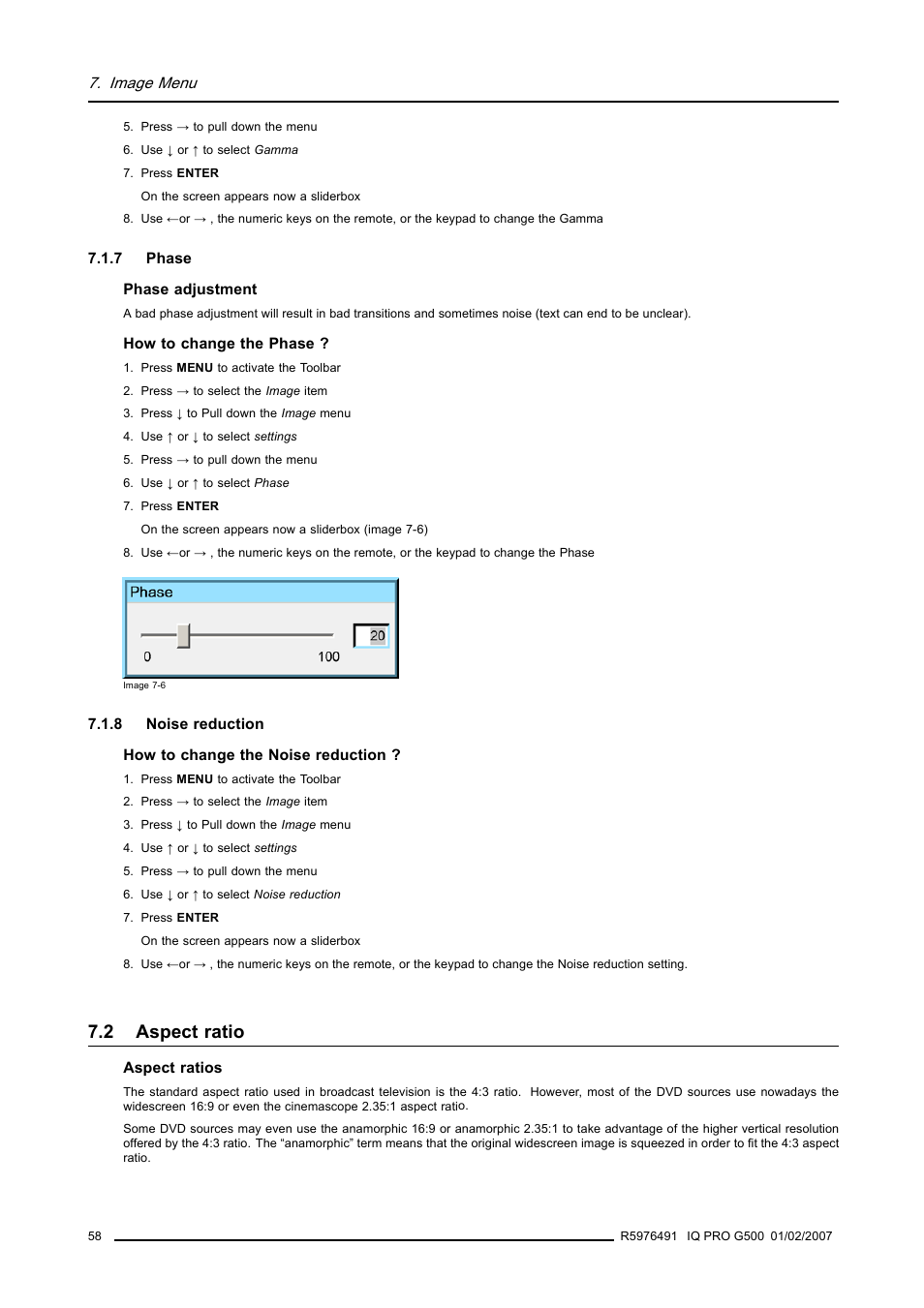 7 phase, 8 noise reduction, 2 aspect ratio | Phase, Noise reduction, Aspect ratio | Barco iQ Pro G500 User Manual | Page 64 / 195