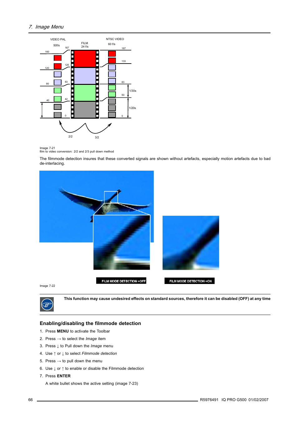 Image menu, Enabling/disabling the filmmode detection | Barco iQ Pro G500 User Manual | Page 72 / 195