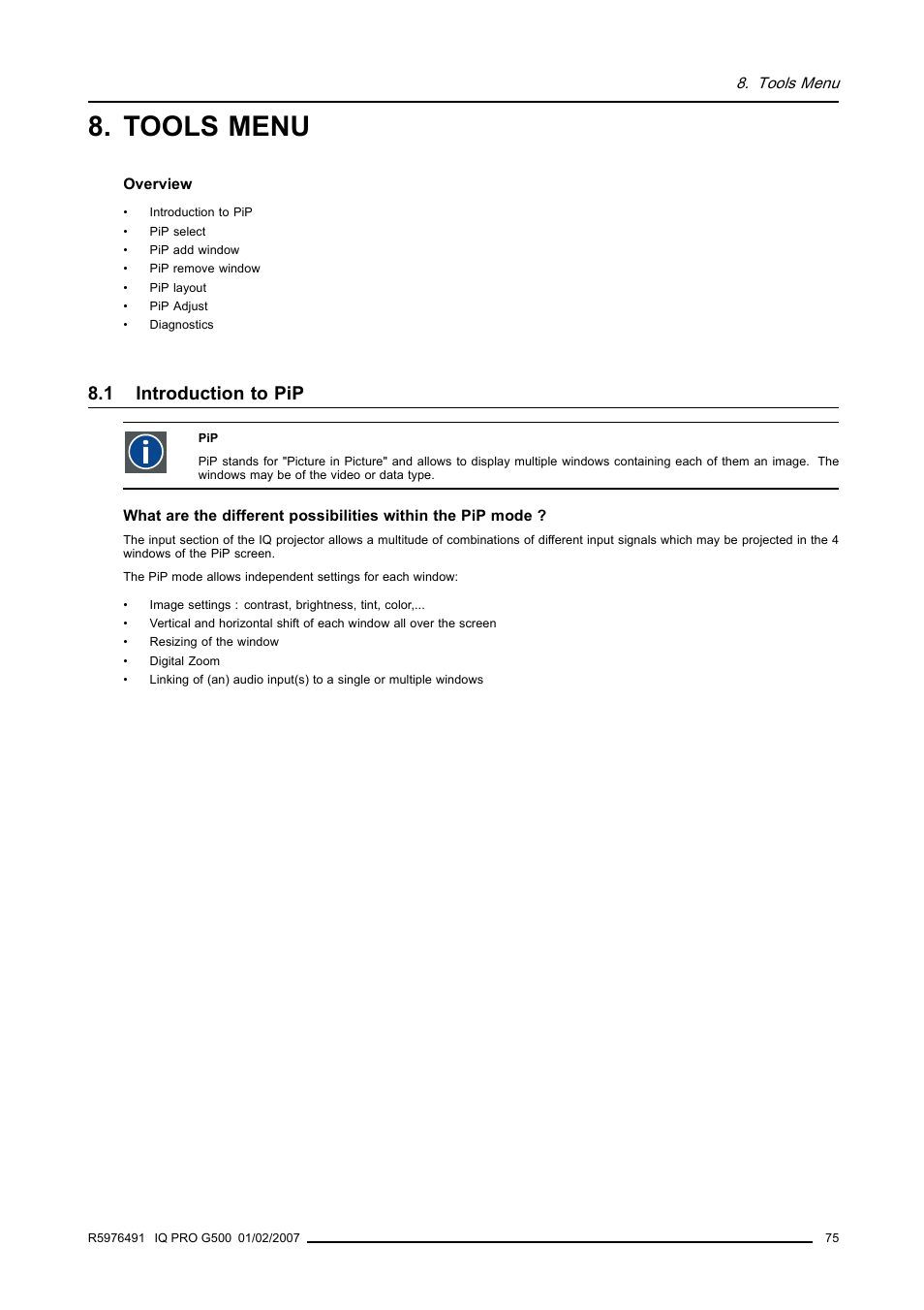 Tools menu, 1 introduction to pip, Introduction to pip | Barco iQ Pro G500 User Manual | Page 81 / 195