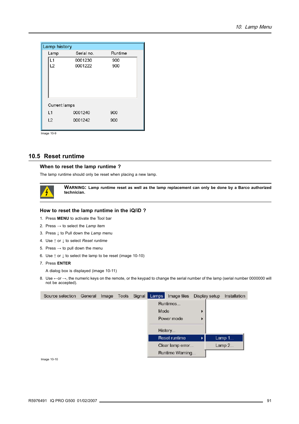 5 reset runtime, Reset runtime | Barco iQ Pro G500 User Manual | Page 97 / 195