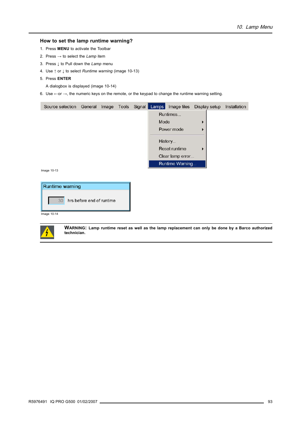 Lamp menu | Barco iQ Pro G500 User Manual | Page 99 / 195