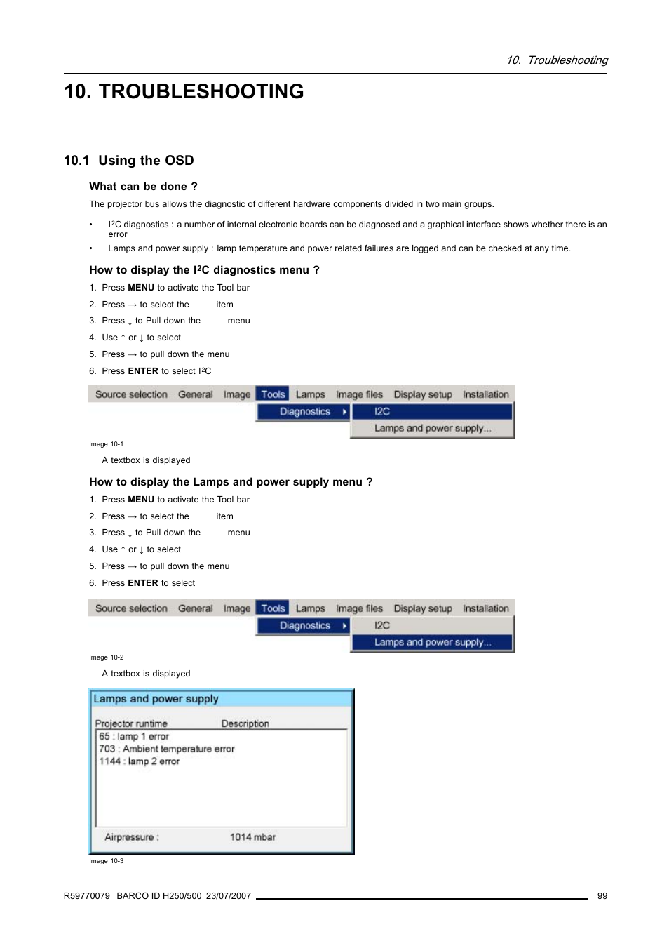 Troubleshooting, 1 using the osd | Barco R9010570 User Manual | Page 103 / 106