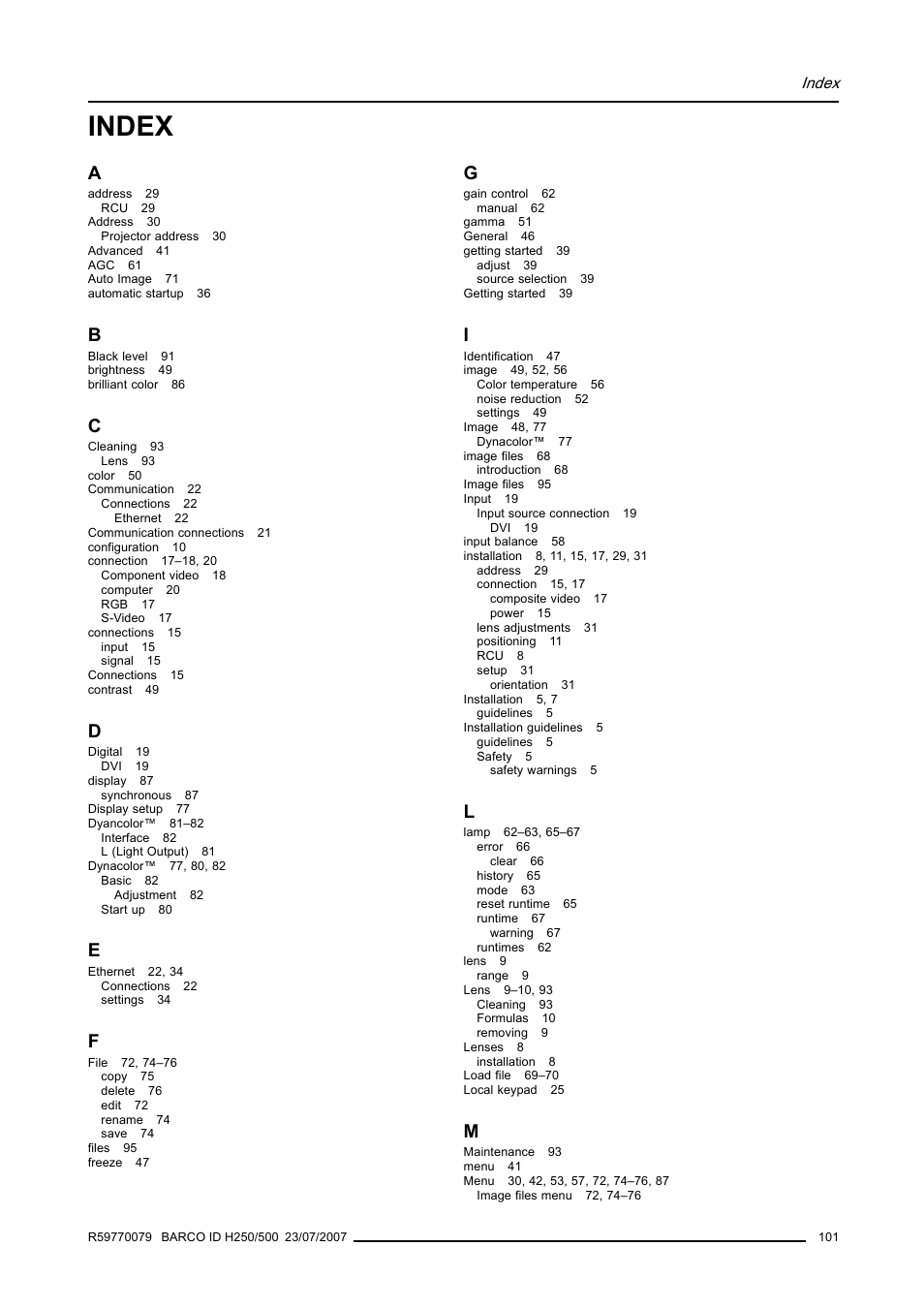 Index | Barco R9010570 User Manual | Page 105 / 106