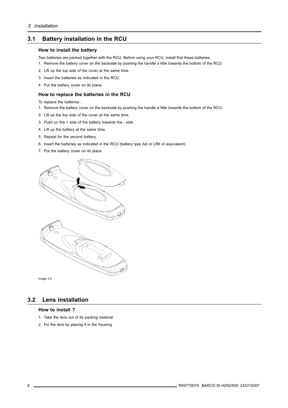 1 battery installation in the rcu, 2 lens installation, Battery installation in the rcu | Lens installation | Barco R9010570 User Manual | Page 12 / 106