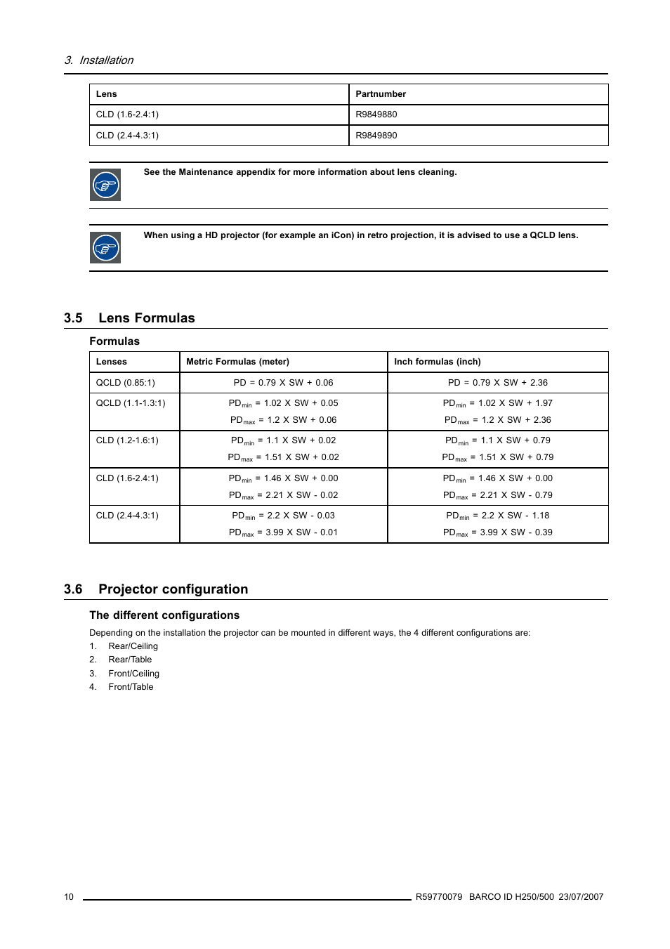 5 lens formulas, 6 projector configuration, Lens formulas | Projector configuration, Installation | Barco R9010570 User Manual | Page 14 / 106
