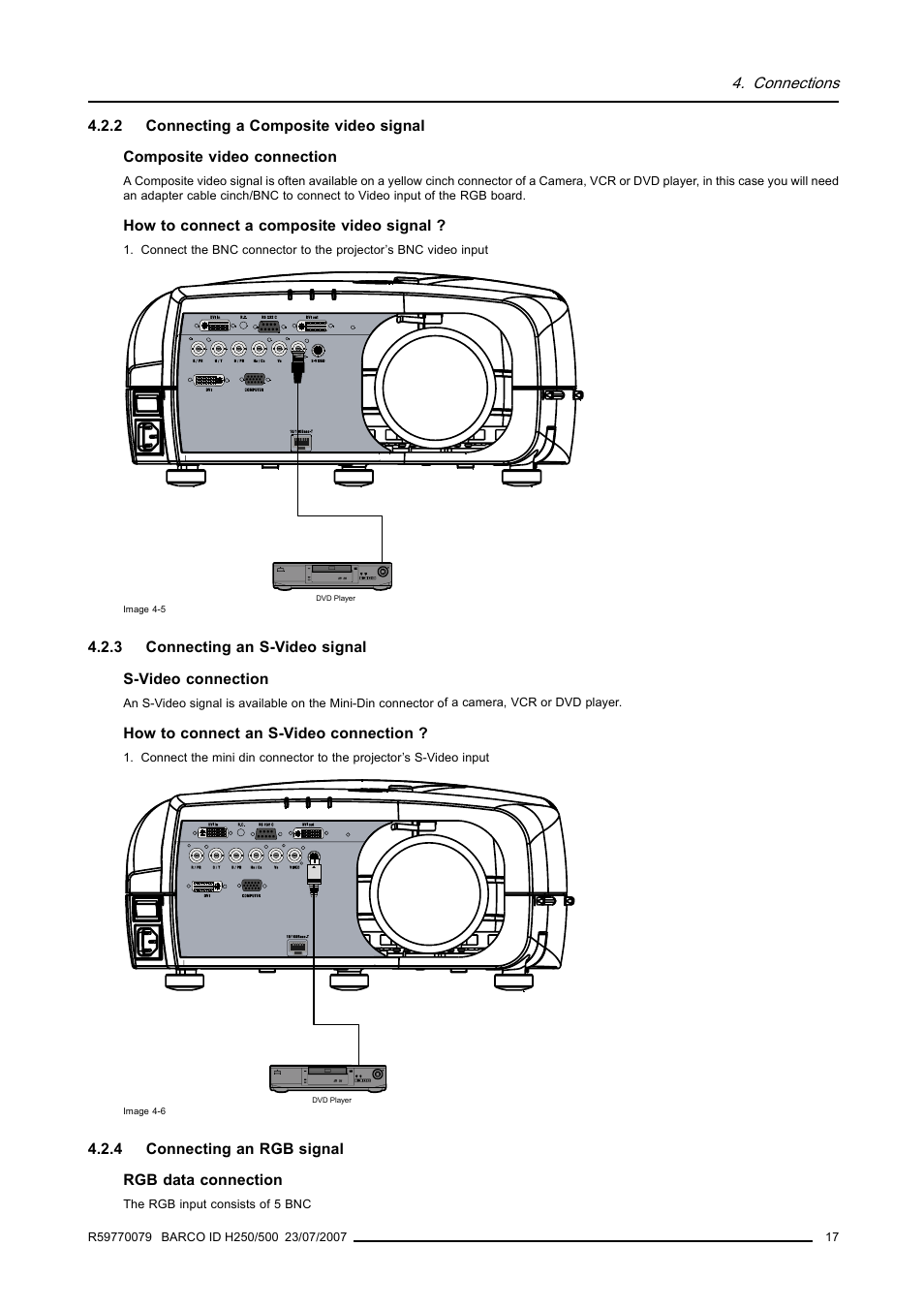 2 connecting a composite video signal, 3 connecting an s-video signal, 4 connecting an rgb signal | Connecting a composite video signal, Connecting an s-video signal, Connecting an rgb signal | Barco R9010570 User Manual | Page 21 / 106