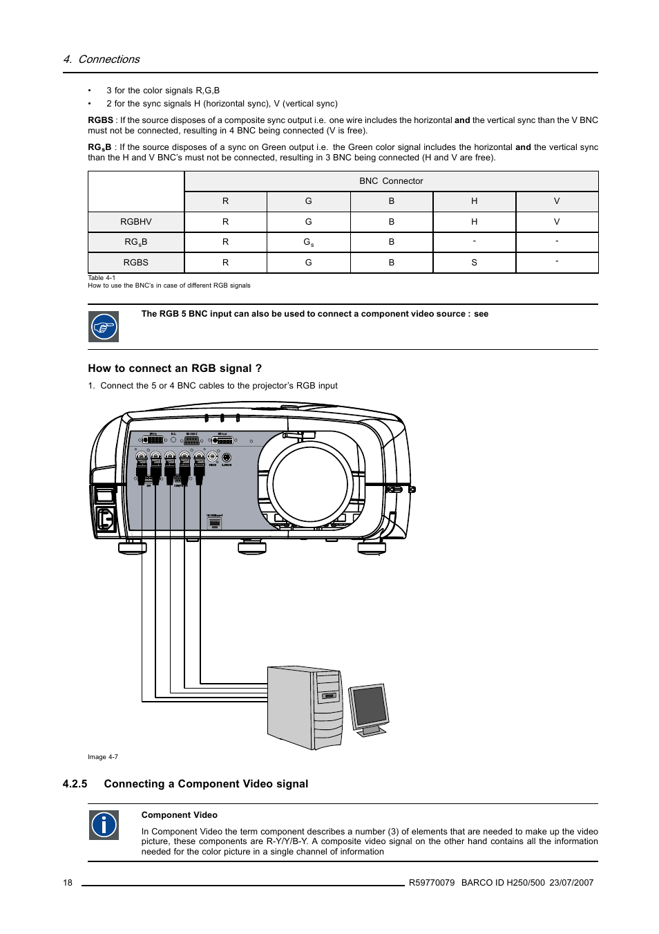 5 connecting a component video signal, Connecting a component video signal, Connections | Barco R9010570 User Manual | Page 22 / 106