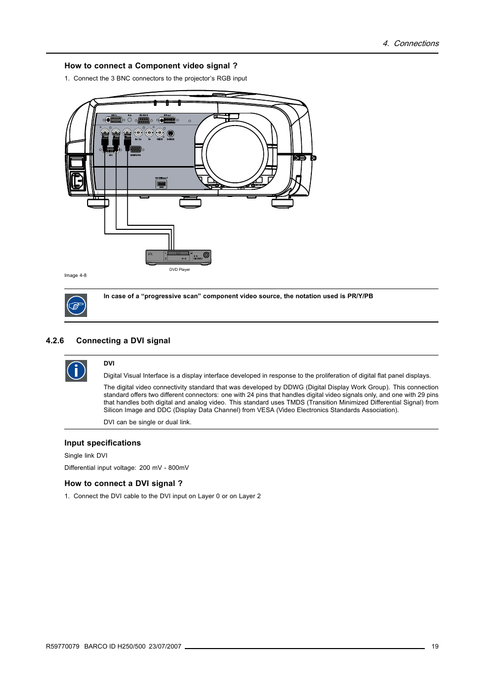 6 connecting a dvi signal, Connecting a dvi signal | Barco R9010570 User Manual | Page 23 / 106