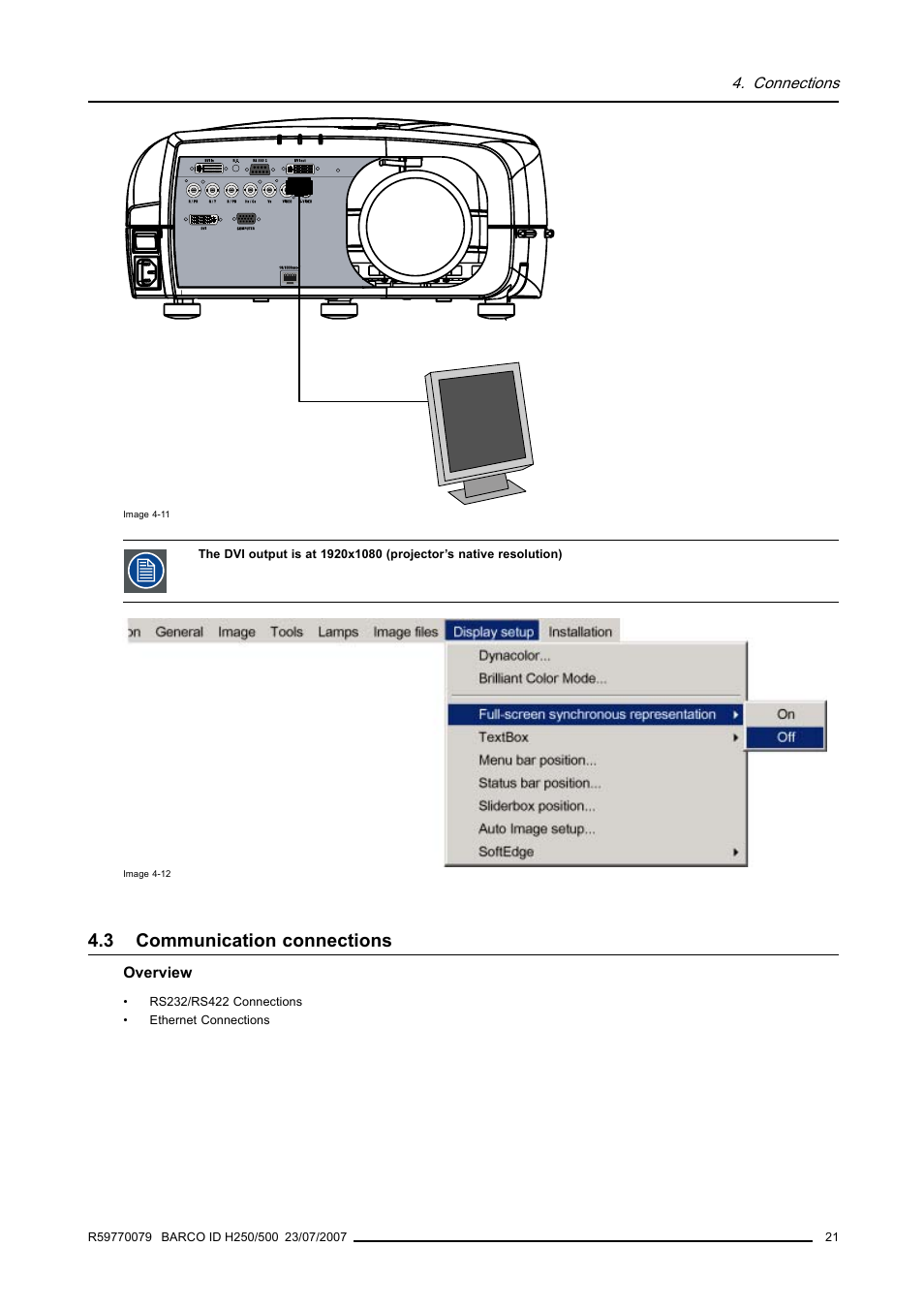 3 communication connections, Communication connections | Barco R9010570 User Manual | Page 25 / 106