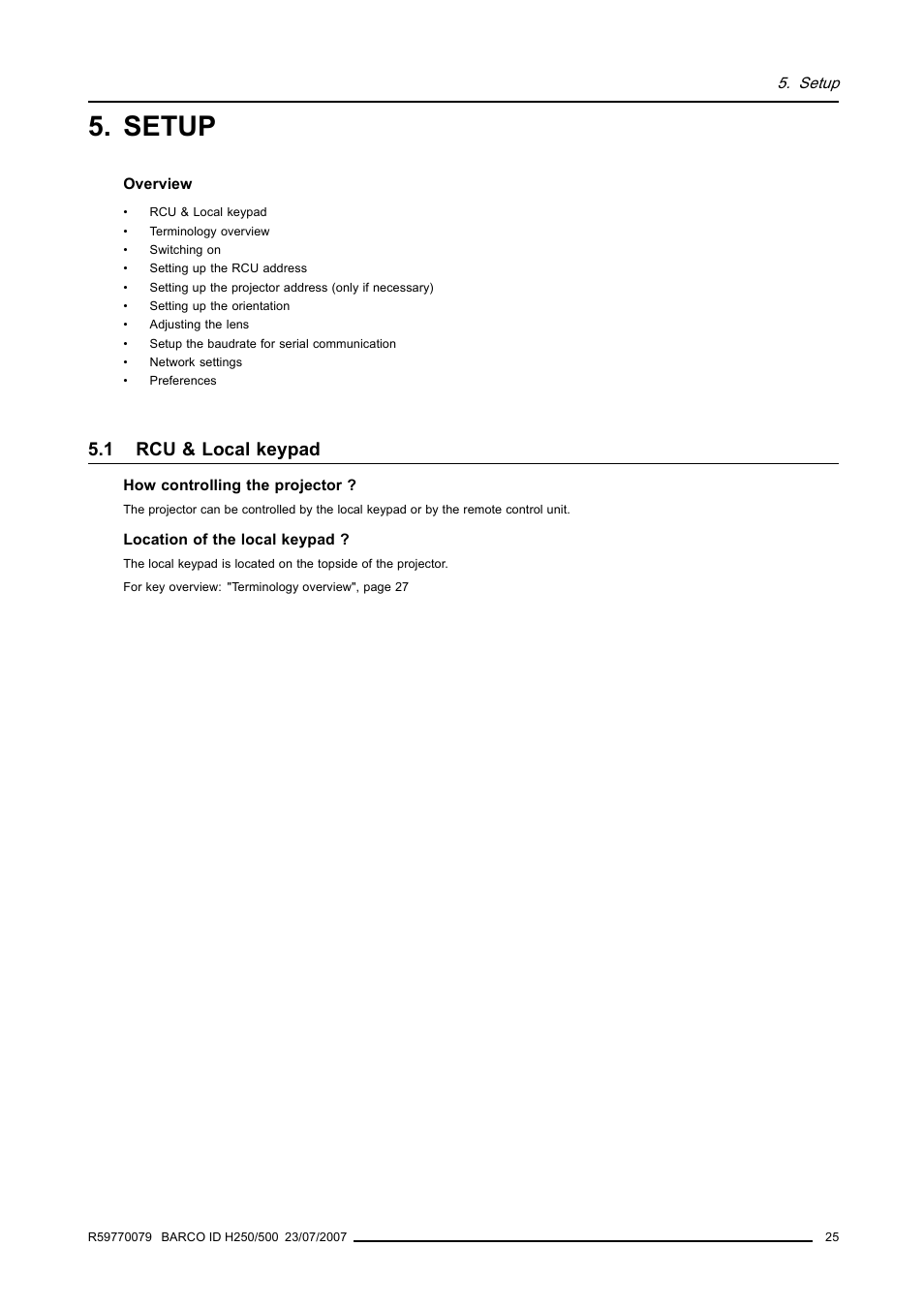 Setup, 1 rcu & local keypad, Rcu & local keypad | Barco R9010570 User Manual | Page 29 / 106