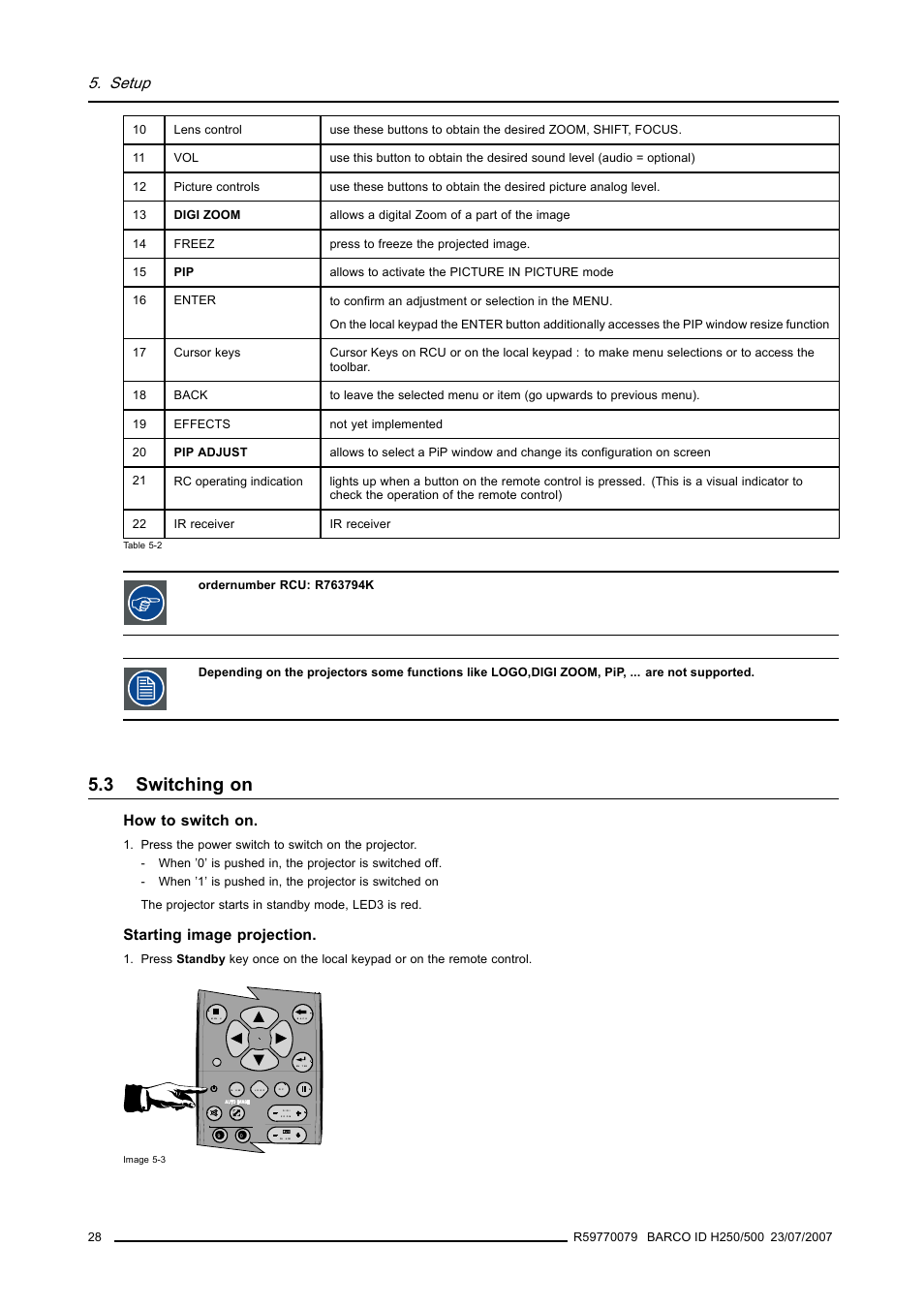 3 switching on, Switching on, Setup | How to switch on, Starting image projection | Barco R9010570 User Manual | Page 32 / 106