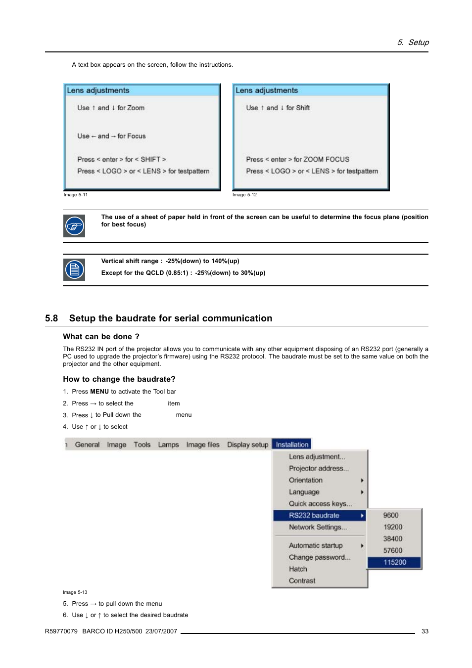 8 setup the baudrate for serial communication, Setup the baudrate for serial communication | Barco R9010570 User Manual | Page 37 / 106