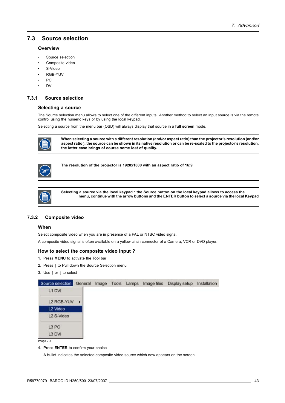 3 source selection, 1 source selection, 2 composite video | Source selection, Composite video | Barco R9010570 User Manual | Page 47 / 106