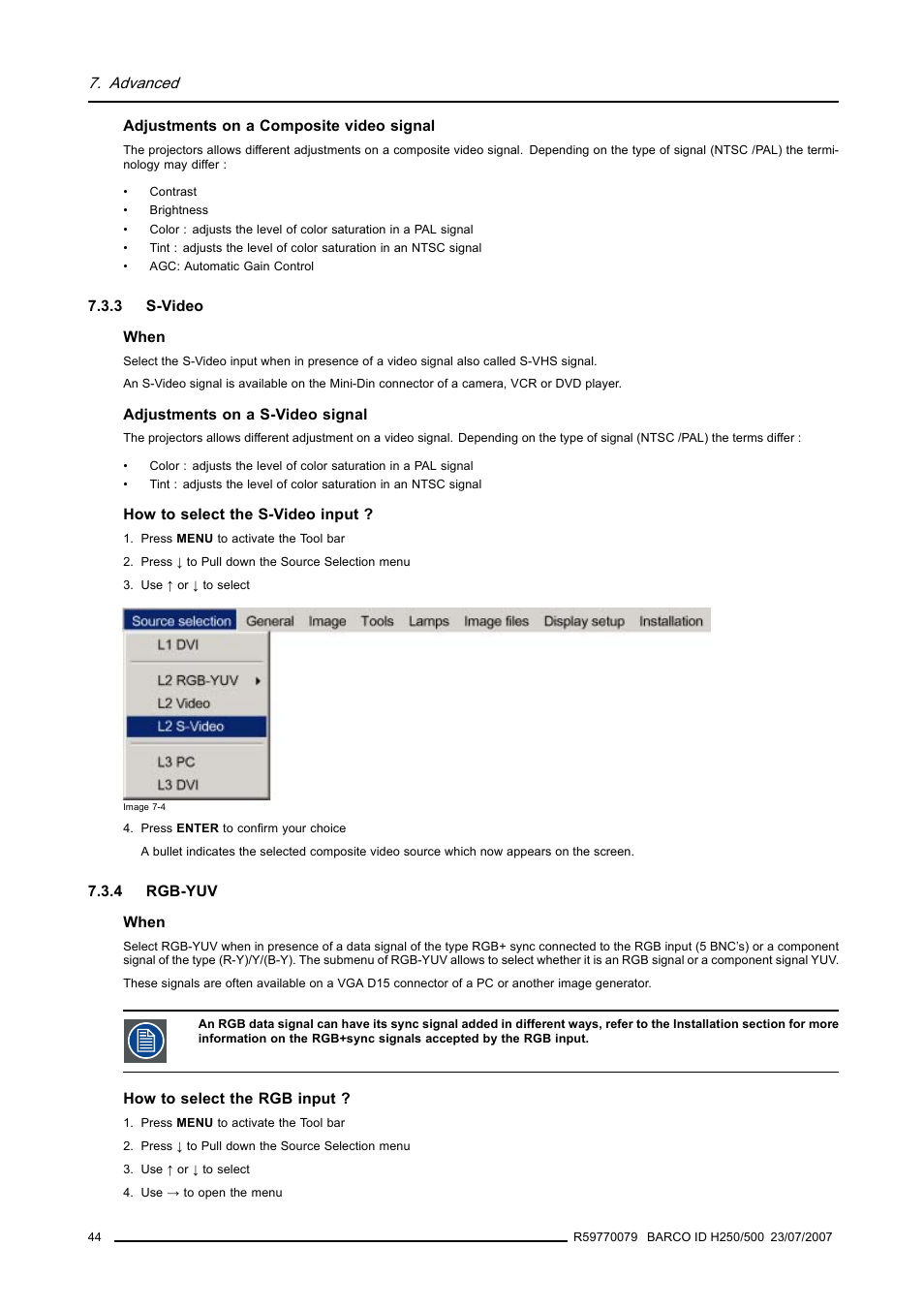 3 s-video, 4 rgb-yuv, S-video | Rgb-yuv | Barco R9010570 User Manual | Page 48 / 106