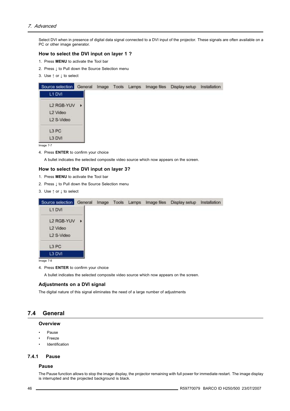 4 general, 1 pause, General | Pause | Barco R9010570 User Manual | Page 50 / 106