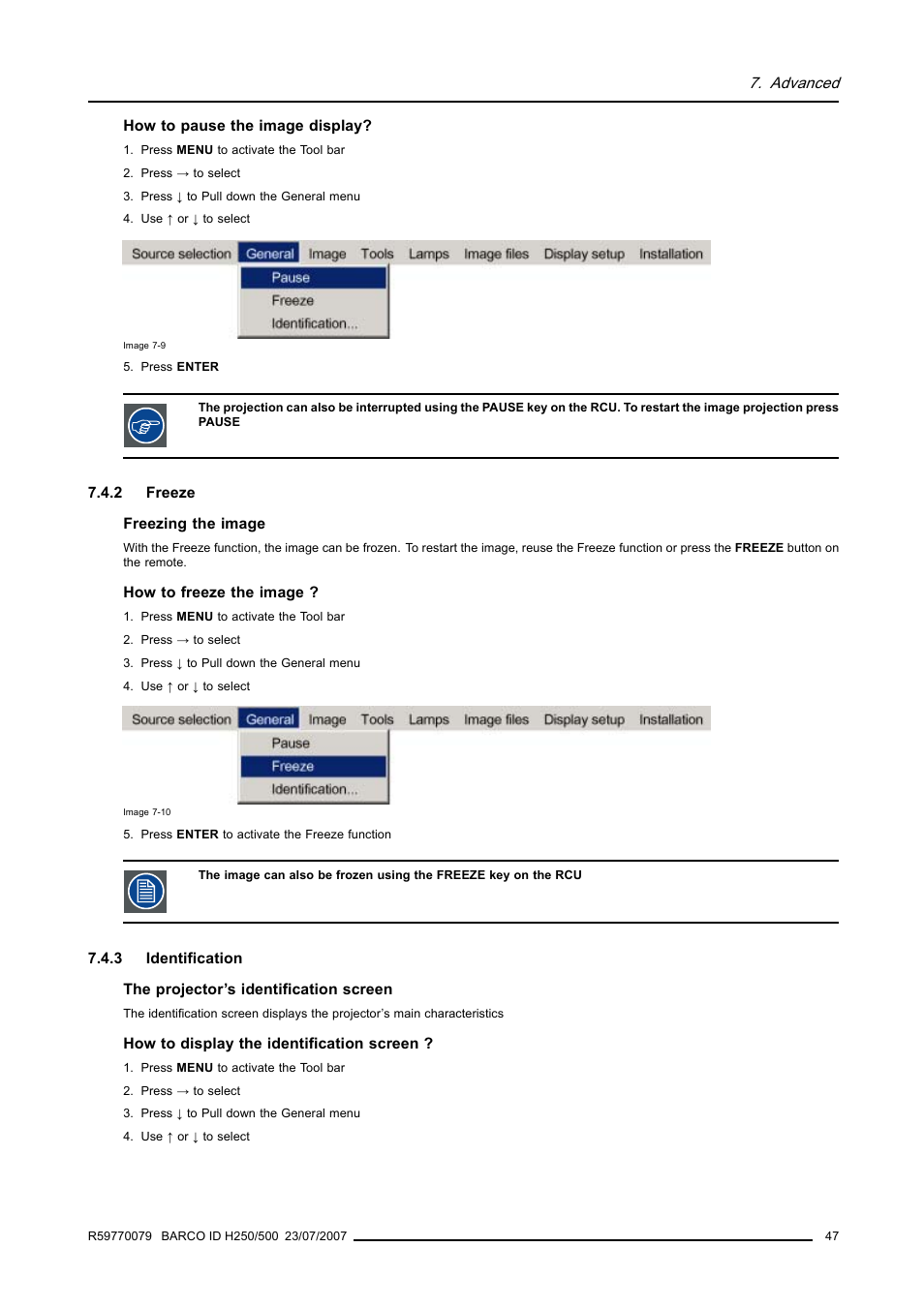 2 freeze, 3 identification, Freeze | Identification | Barco R9010570 User Manual | Page 51 / 106