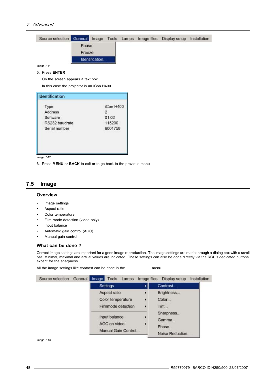 5 image, Image, Advanced | Barco R9010570 User Manual | Page 52 / 106