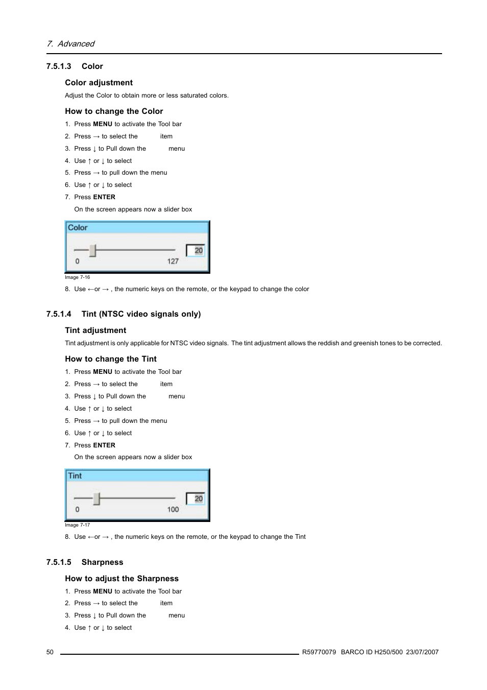 3 color, 4 tint (ntsc video signals only), 5 sharpness | Color, Tint (ntsc video signals only), Sharpness | Barco R9010570 User Manual | Page 54 / 106