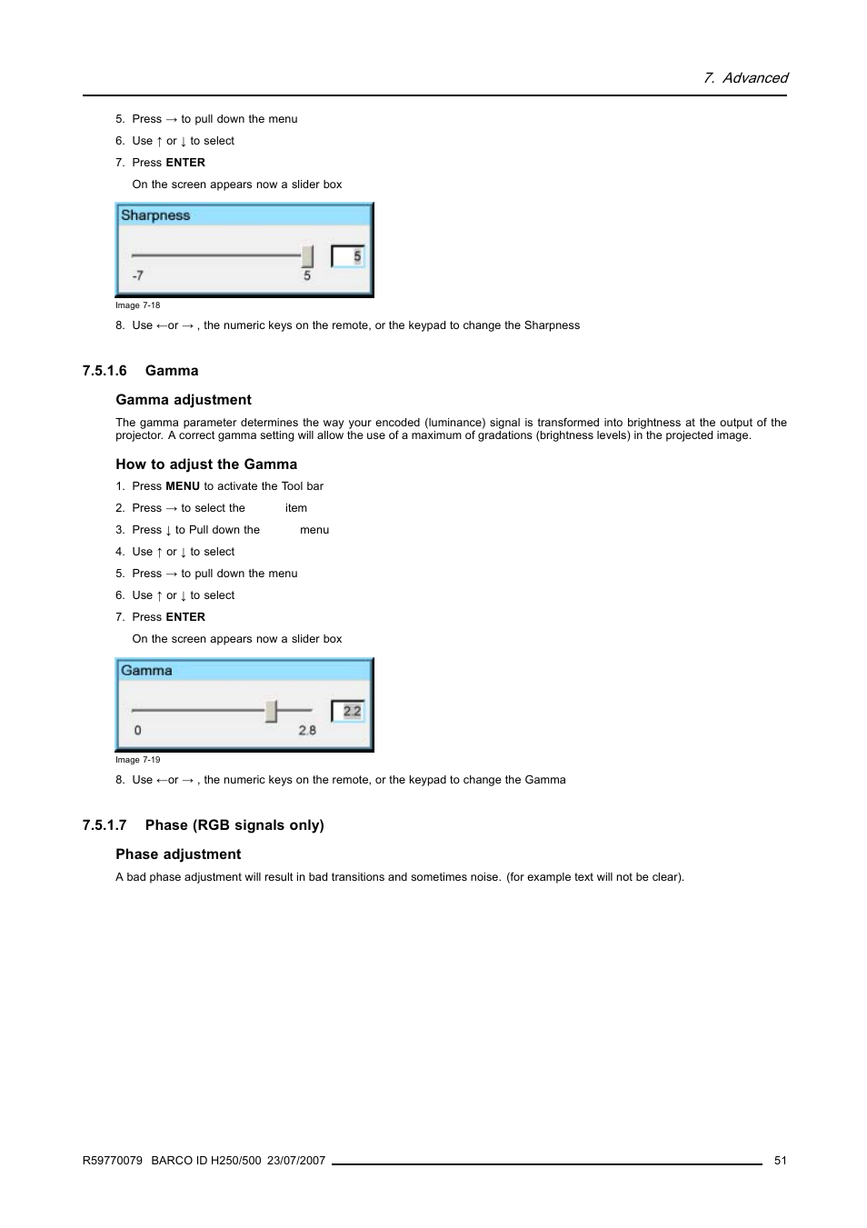 6 gamma, 7 phase (rgb signals only), Gamma | Phase (rgb signals only) | Barco R9010570 User Manual | Page 55 / 106