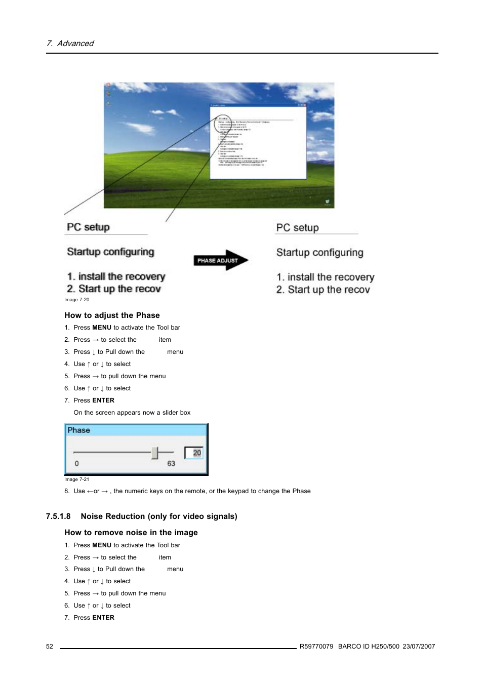 8 noise reduction (only for video signals), Noise reduction (only for video signals), Advanced | Barco R9010570 User Manual | Page 56 / 106