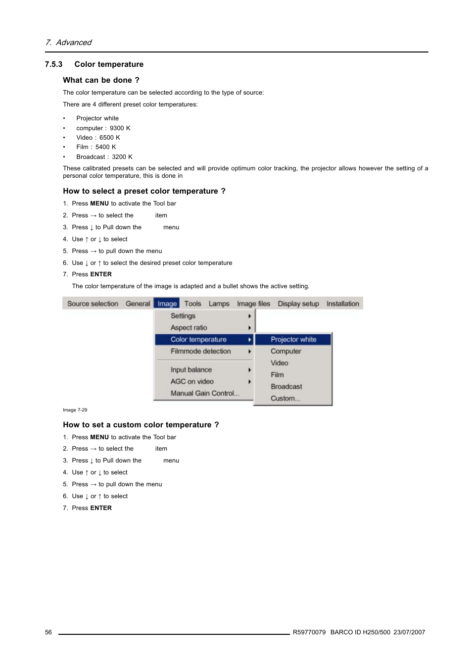 3 color temperature, Color temperature, Advanced | Barco R9010570 User Manual | Page 60 / 106