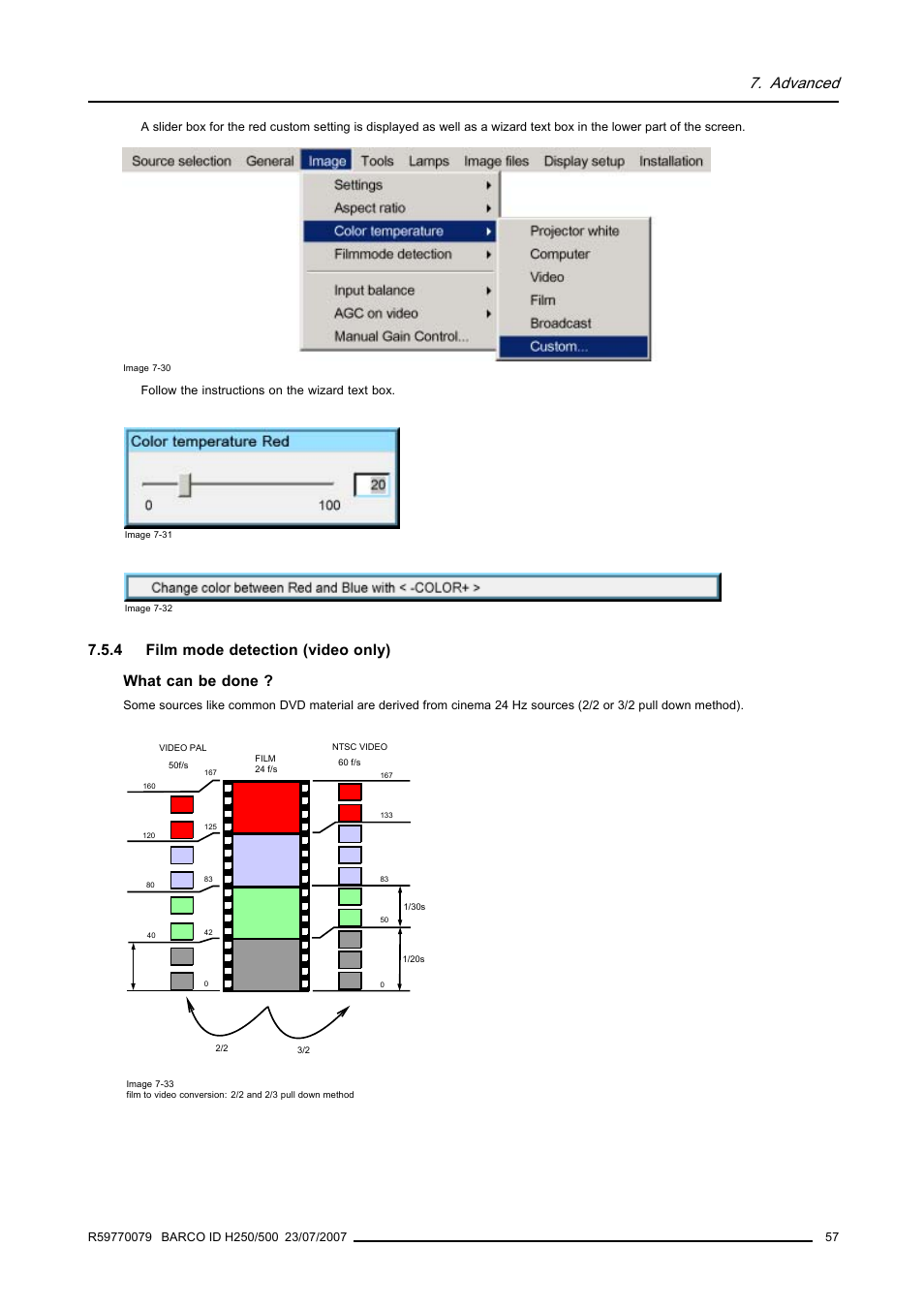 4 film mode detection (video only), Film mode detection (video only), Advanced | Barco R9010570 User Manual | Page 61 / 106