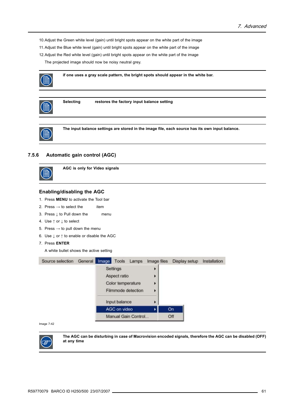 6 automatic gain control (agc), Automatic gain control (agc), Advanced | Barco R9010570 User Manual | Page 65 / 106