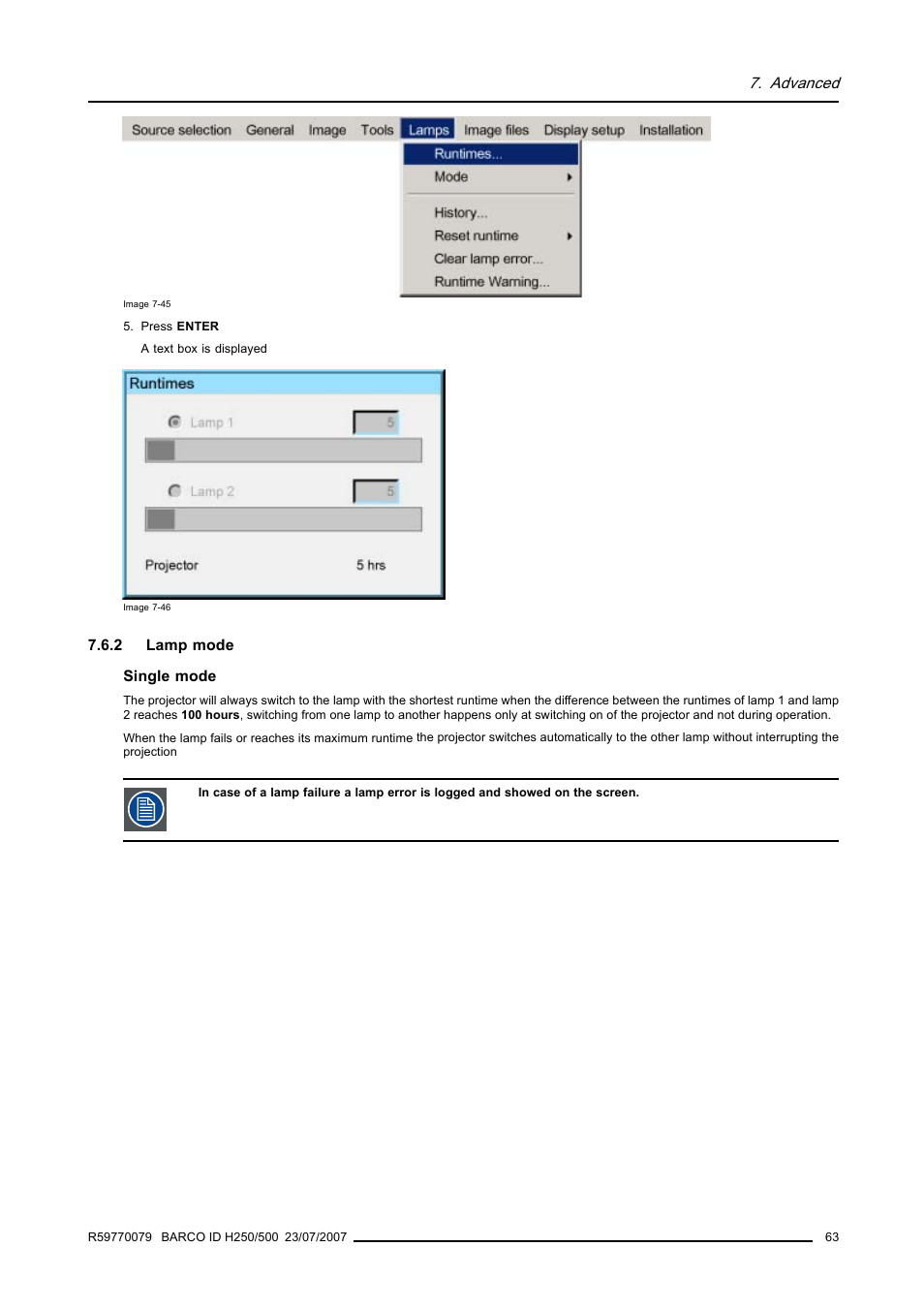 2 lamp mode, Lamp mode, Advanced | Barco R9010570 User Manual | Page 67 / 106