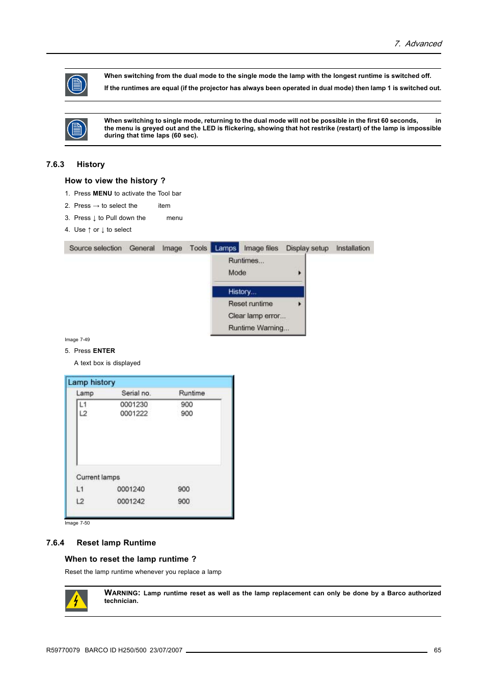 3 history, 4 reset lamp runtime, History | Reset lamp runtime | Barco R9010570 User Manual | Page 69 / 106