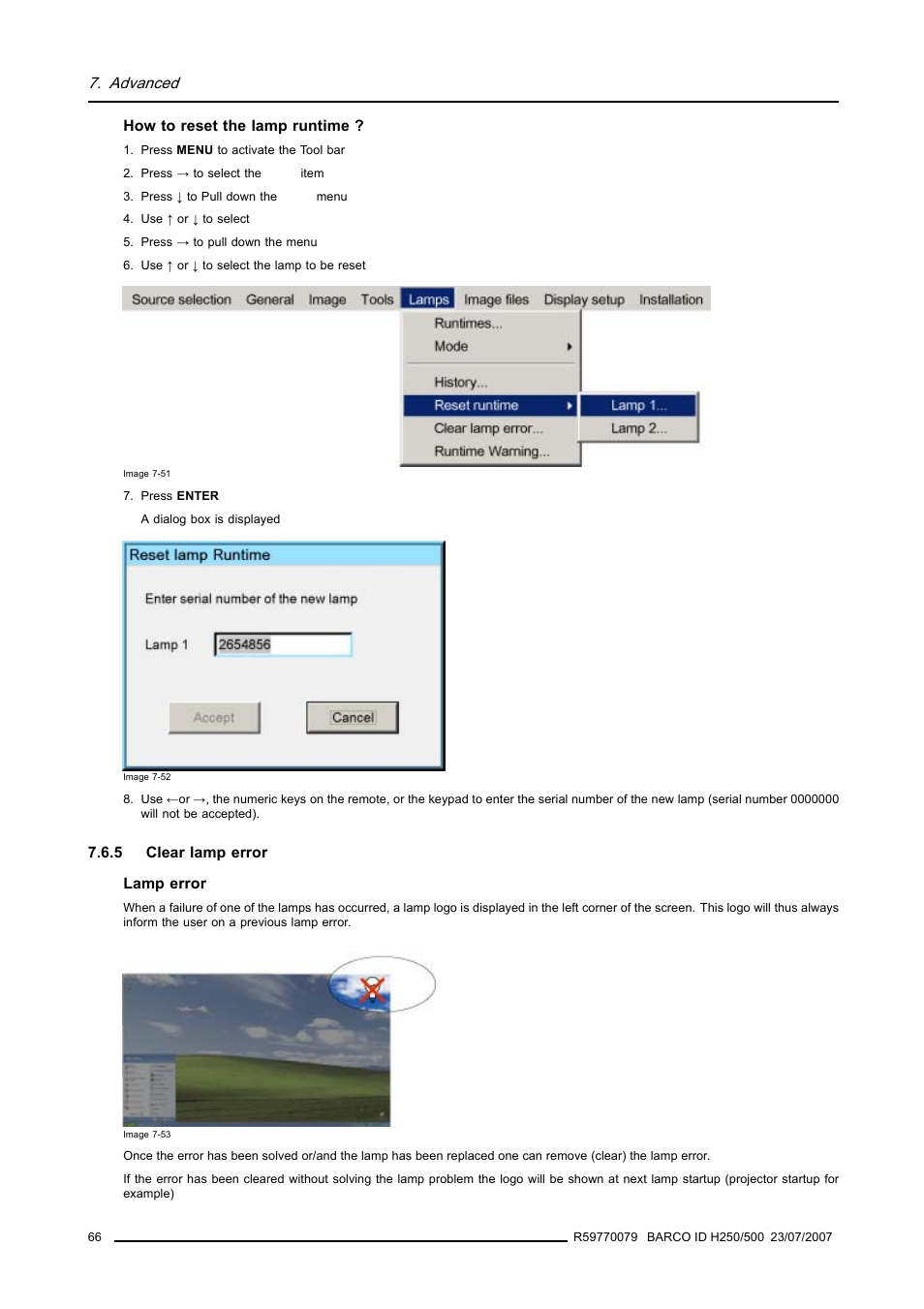 5 clear lamp error, Clear lamp error, Advanced | Barco R9010570 User Manual | Page 70 / 106