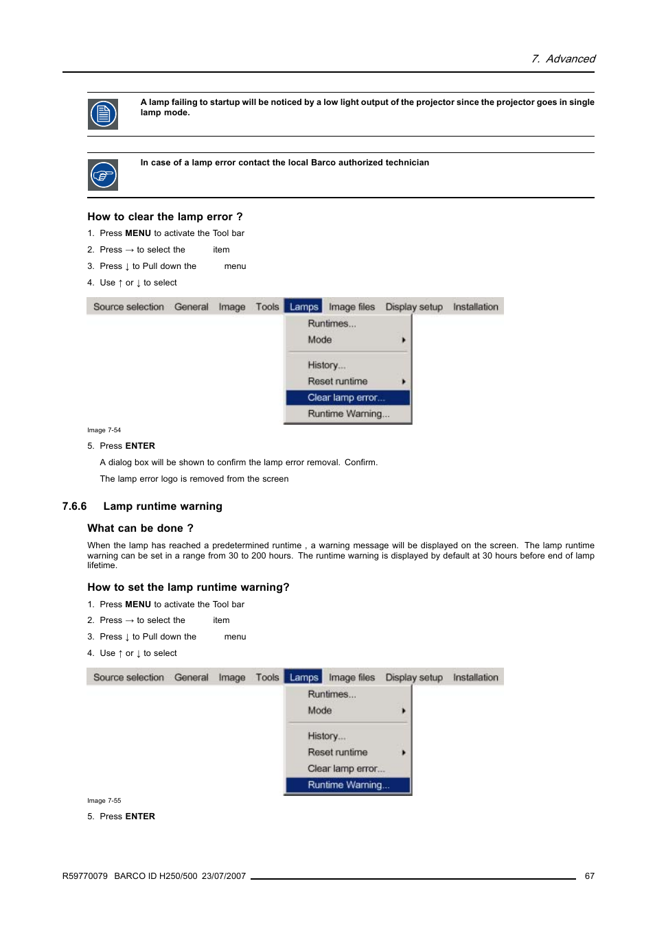 6 lamp runtime warning, Lamp runtime warning, Advanced | Barco R9010570 User Manual | Page 71 / 106
