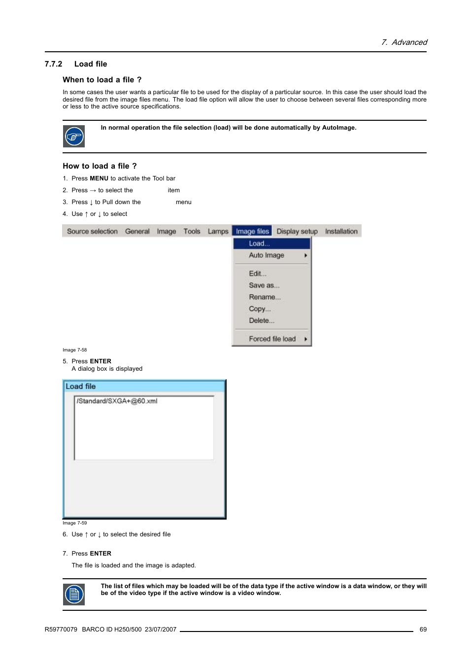 2 load file, Load file, Advanced | Barco R9010570 User Manual | Page 73 / 106