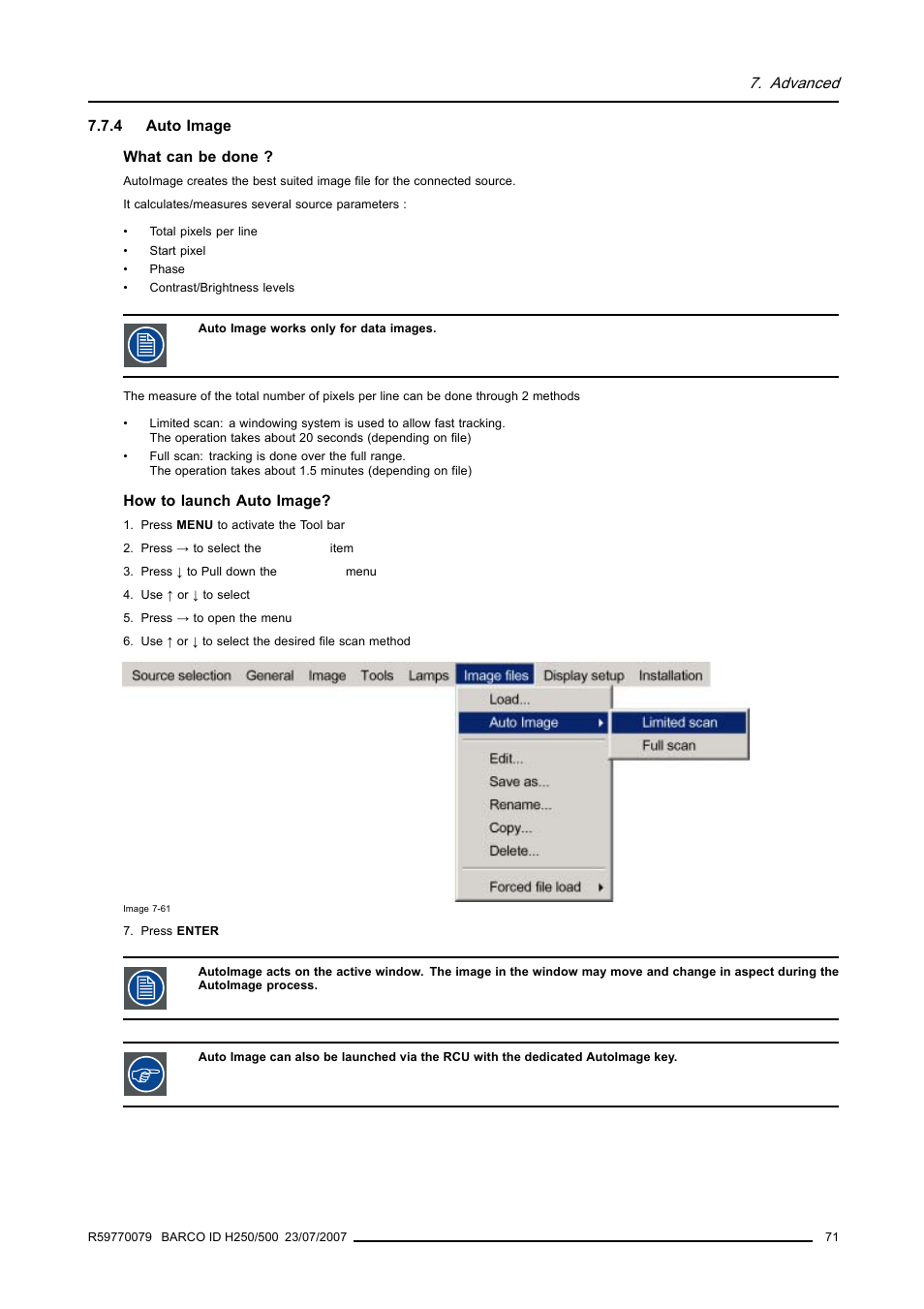 4 auto image, Auto image, Advanced | Barco R9010570 User Manual | Page 75 / 106