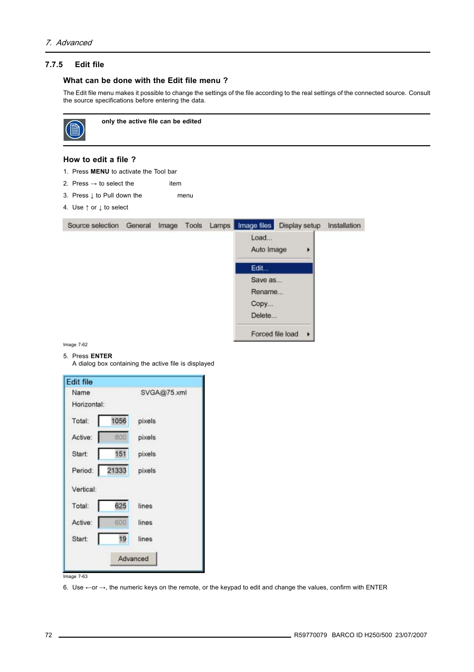 5 edit file, Edit file, Advanced | Barco R9010570 User Manual | Page 76 / 106